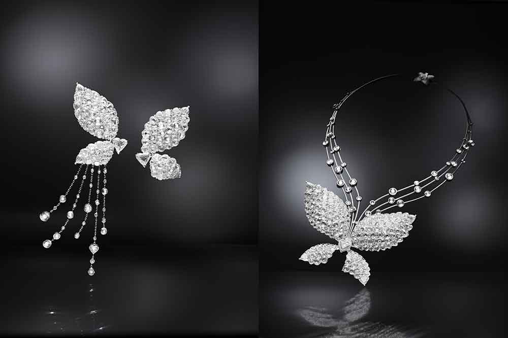 Chopard Happy Butterfly X Mariah Carey, collar y pendientes en oro blanco y pavé de diamantes
